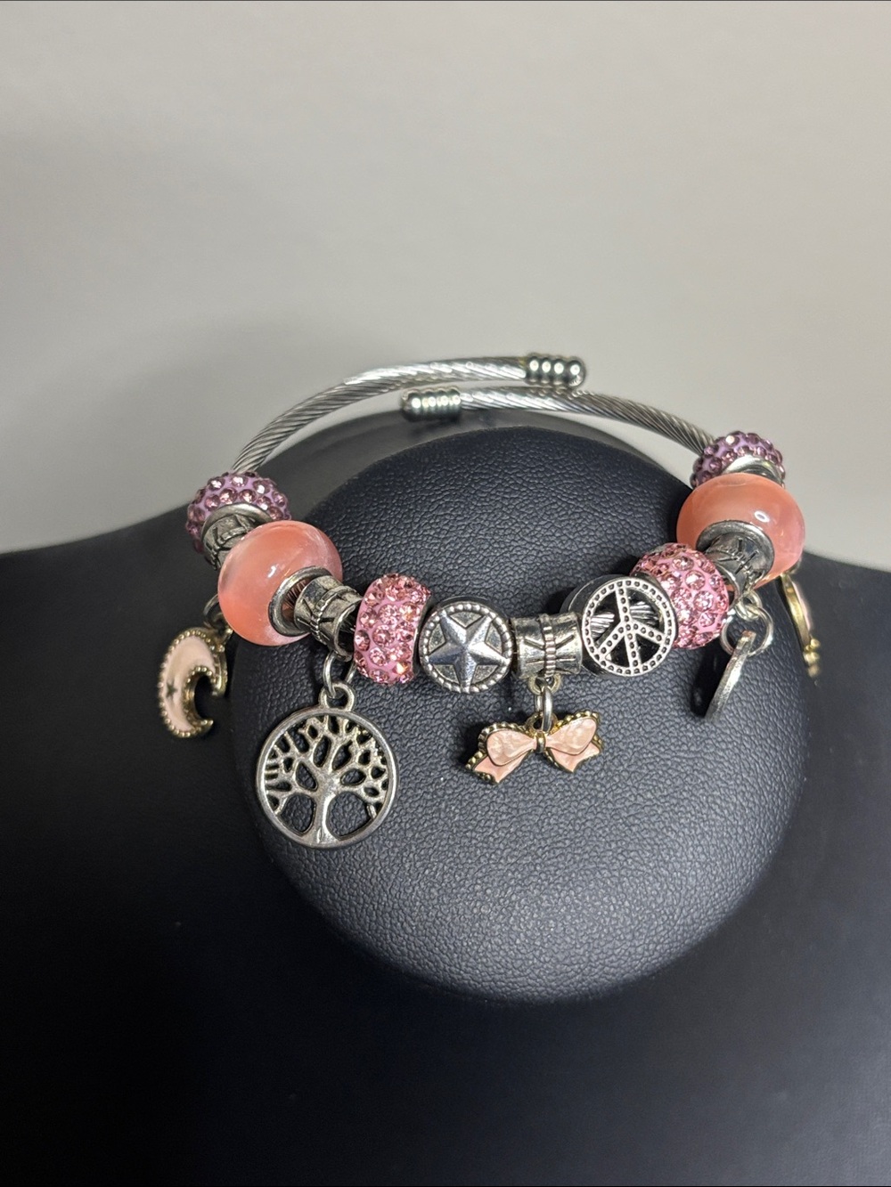 Silver Baby Girl Charm Wrap Bracelet Pink Beads and Tree & Peace Charms